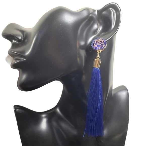 Fashion Jewelry Blue Gold Dangle Tassel Earrings - Picture 1 of 7